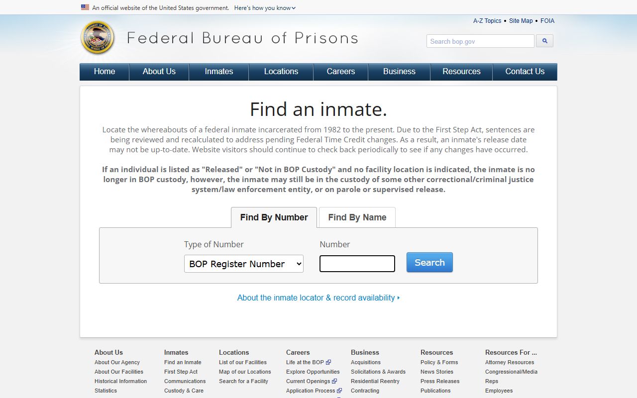 Cumberland County federal inmate population BOP locator search fields