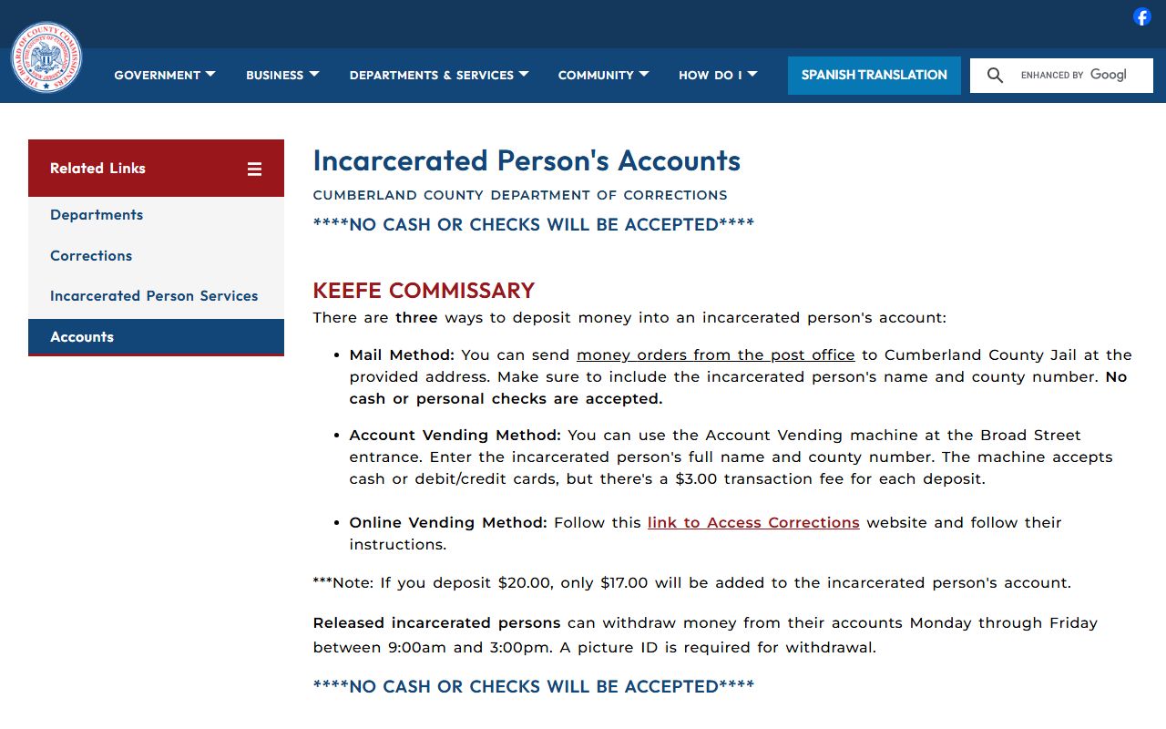 Cumberland County Jail inmate account and commissary rules